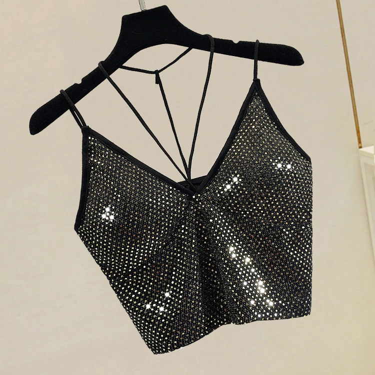 gold Новинка, летняя сексуальная Яркая блестящая майка с v-образным вырезом и открытой спиной, Женская короткая рубашка - Цвет: gold