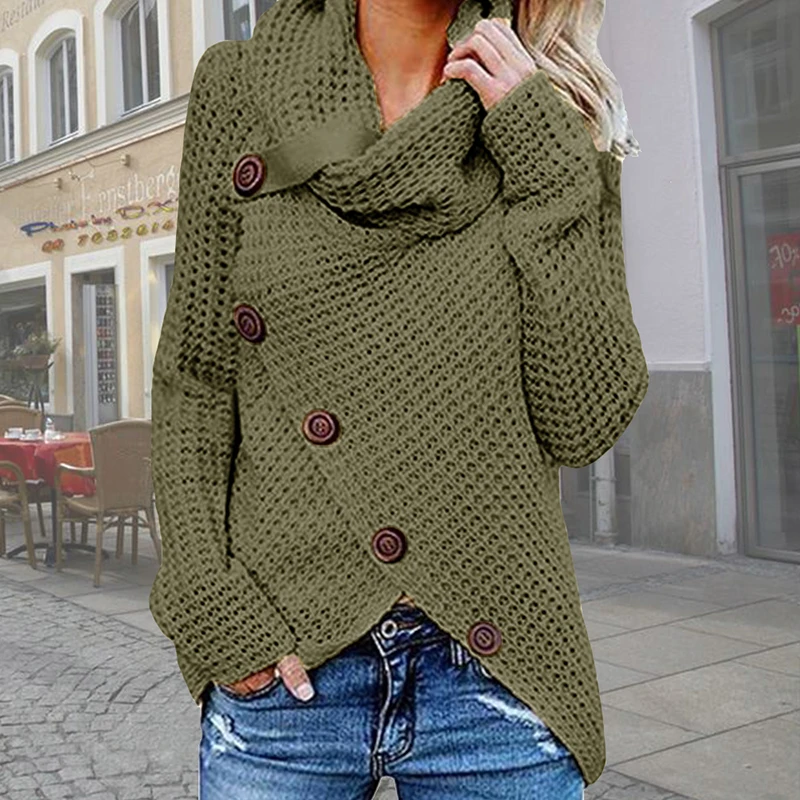 XINKAI Turtleneck Sweater Autumn Causal Loose Buttons Knitted Female Pullover Fashion Irregular Solid Plus Size Jumper Sweaters | Женская