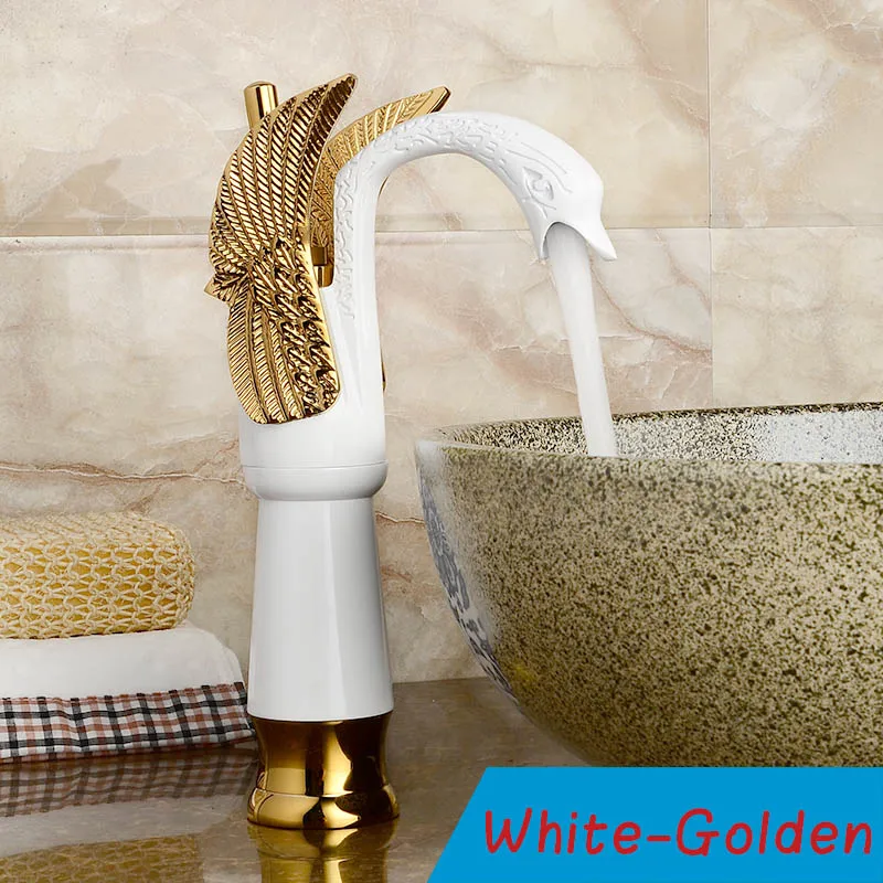 White-Golden-2 Роскошные Лебедь Форма латунный кран для раковины, кран для раковины, кран для ванной, с одним отверстием смесителя белый смеситель в форме лебедя Кухня горячей и холодной кран - Цвет: White-Golden-2