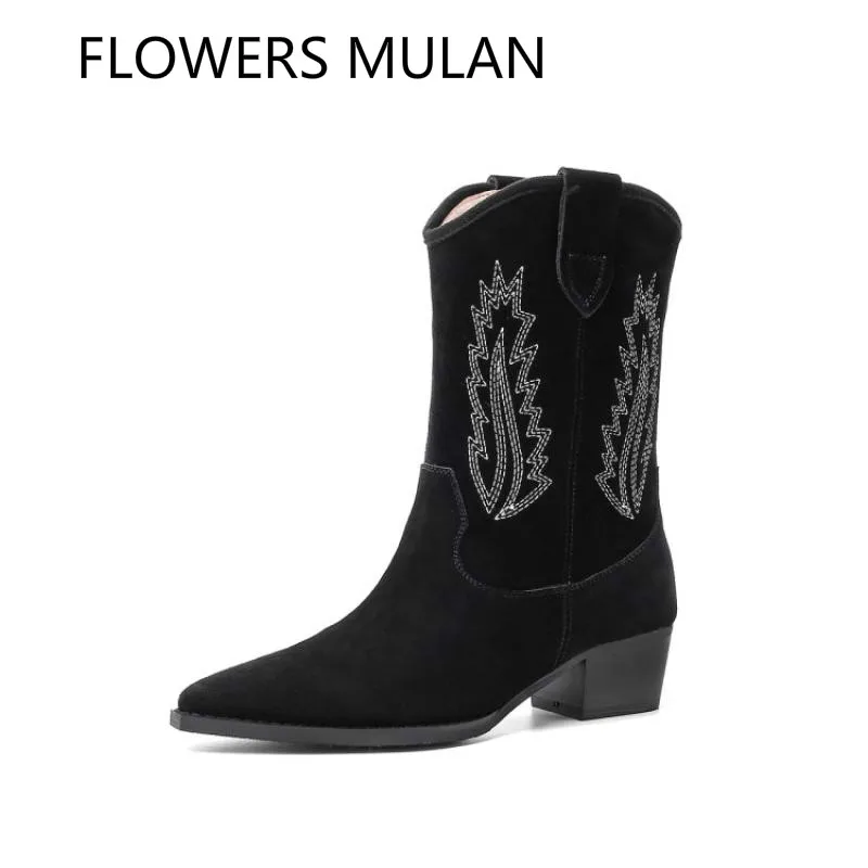 

Black Grey Suede Ankle Boots For Women Pointed Toe Slip On Zapatos De Mujer Chic Sewing Ladies Booties Runway Western Boots Lady