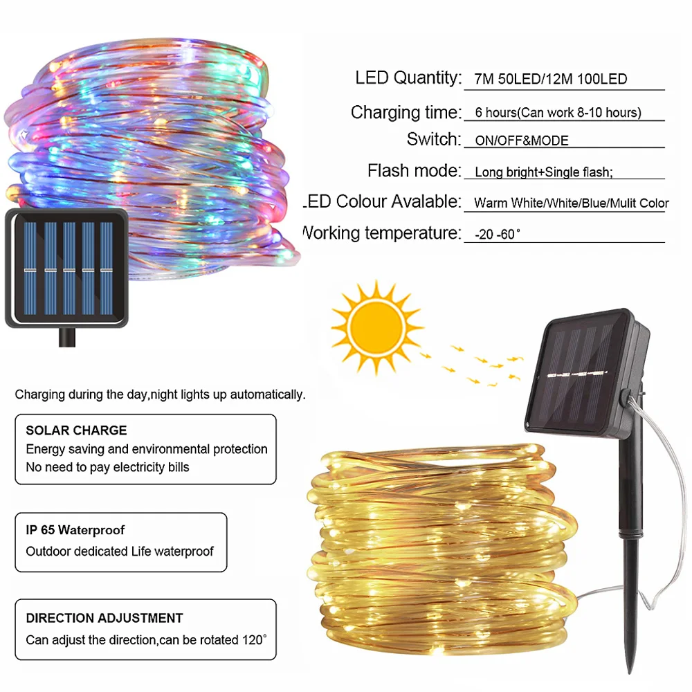 Rope Tube Solar Power LED Light String Holiday Christmas Garland LED Fairy Light Outdoor Waterproof Wedding Party Xmas Tree Lamp