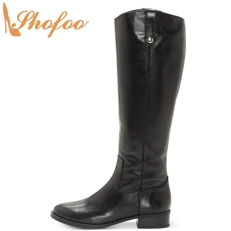 

Black Rivet Knee Long Boots Med Chunky Heels Round Toe Zipper Large Size 12 16 Ladies Winter Fashion Women Mature Shoes Shofoo