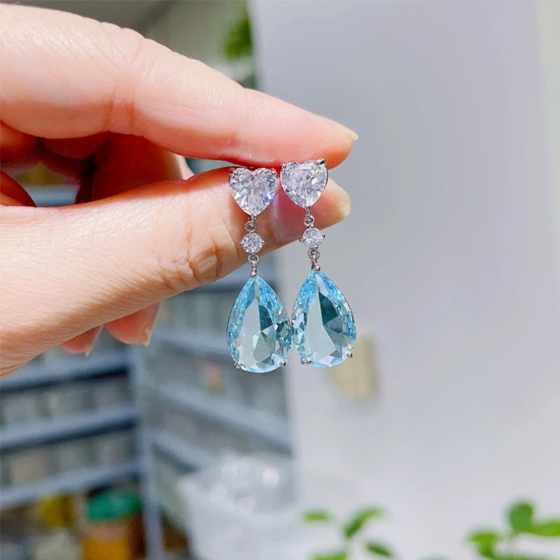 Pearl Blue Zircon Crystal Waterdrop Stud Earrings For Women Wedding Jewelry Girls Gift 