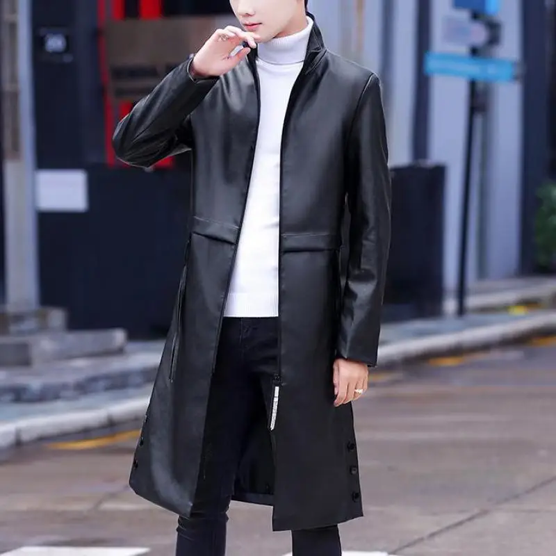 Spring White Long Leather Jackets Mens Leather Trench Coats Stylish Overcoats Stand Collar Steampunk Fashionable Black Slim