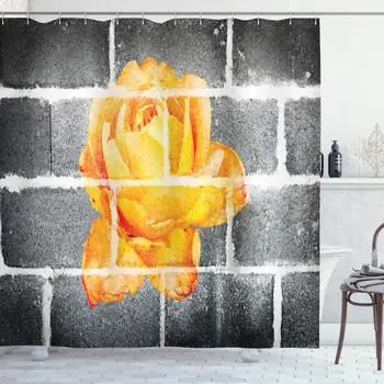 

Rustic Flower Shower Curtain, Trippy Modern Graffiti with Rose Petals on The Brick Wall Urban City Life, Cloth Fabric Bathroom