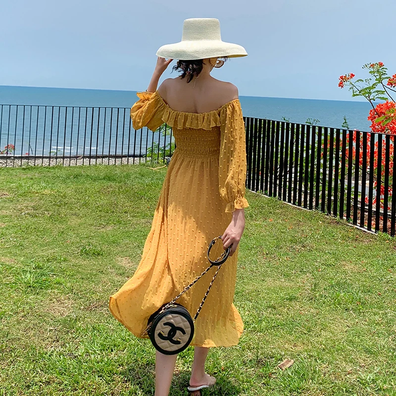 Summer Autumn Women Yellow Vacation Long Dress Elegant Casual Fairy Lady Party Dress Vintage Long Sleeve Korean Runway Vestidos