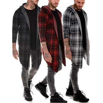 

Windbreaker mens with a hood 2019 Autumn Stylish Mid-length Lapels Coat Man Cotton Plaid Print Overcoat Casual