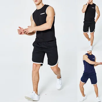 

Men's Summer Sports Suit Contrast Cuffs Top Sleeveless T-shirt Five-point Shorts Wild Comfortable Casual Two-piece Suit 2020