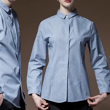 

Striped Blue Red Long Sleeve Waitstaff Shirt Hotel Restaurant Hospitality Uniform Barista Bistro Steward Catering Work Wear B24