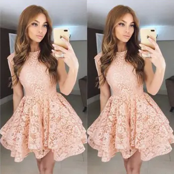 

Elegant Women Formal Lace Dress Summer Prom Off Shoulder Party Wedding Gown Short Sleeve Short Mini Dresses Solid Black Pink