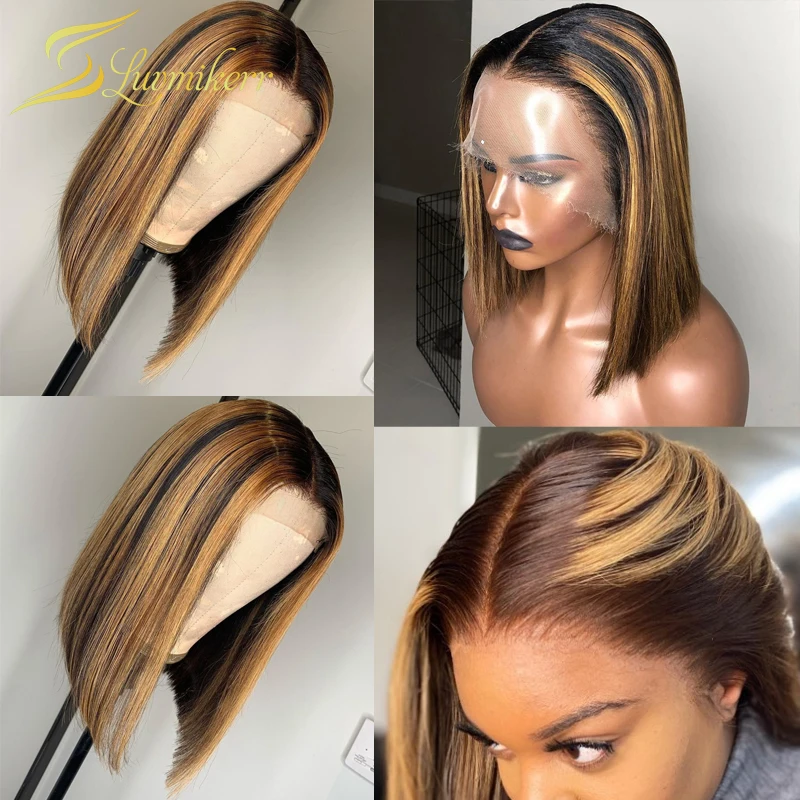 13x6 Highlight Wig Ombre Brown Honey Blonde Short Bob Wigs For