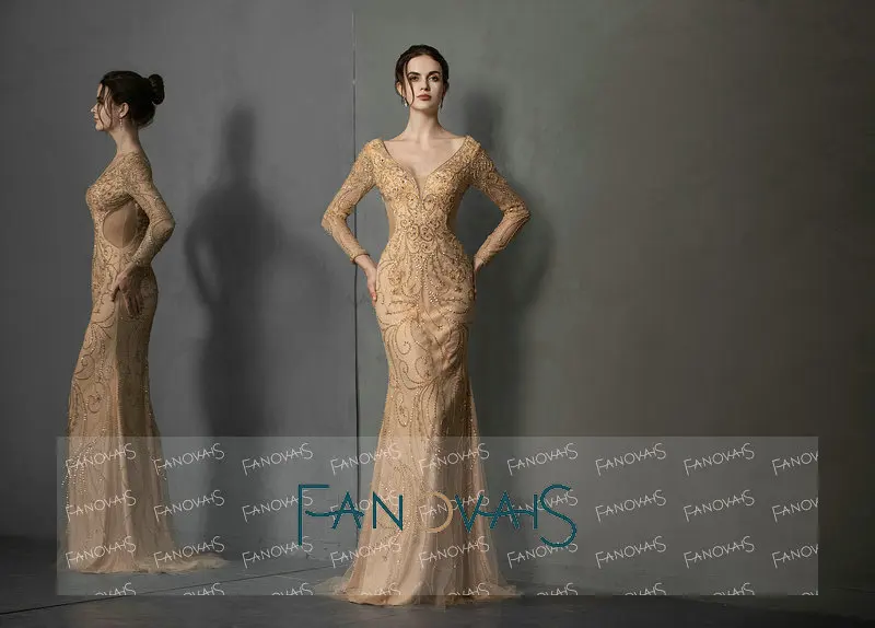 Вечерние платья золотистого цвета одежда с длинным рукавом Ленточки Elegang Русалка Выпускные платья 2019 бусины хрустальные вечерние платья