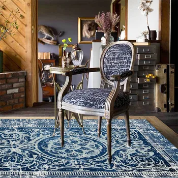 

Ethnic Style Retro Old Flower Geometric Carpet Blue Bedroom Rug Decoration Washable Doormat Hallway Carpet Chair Mat Vintage