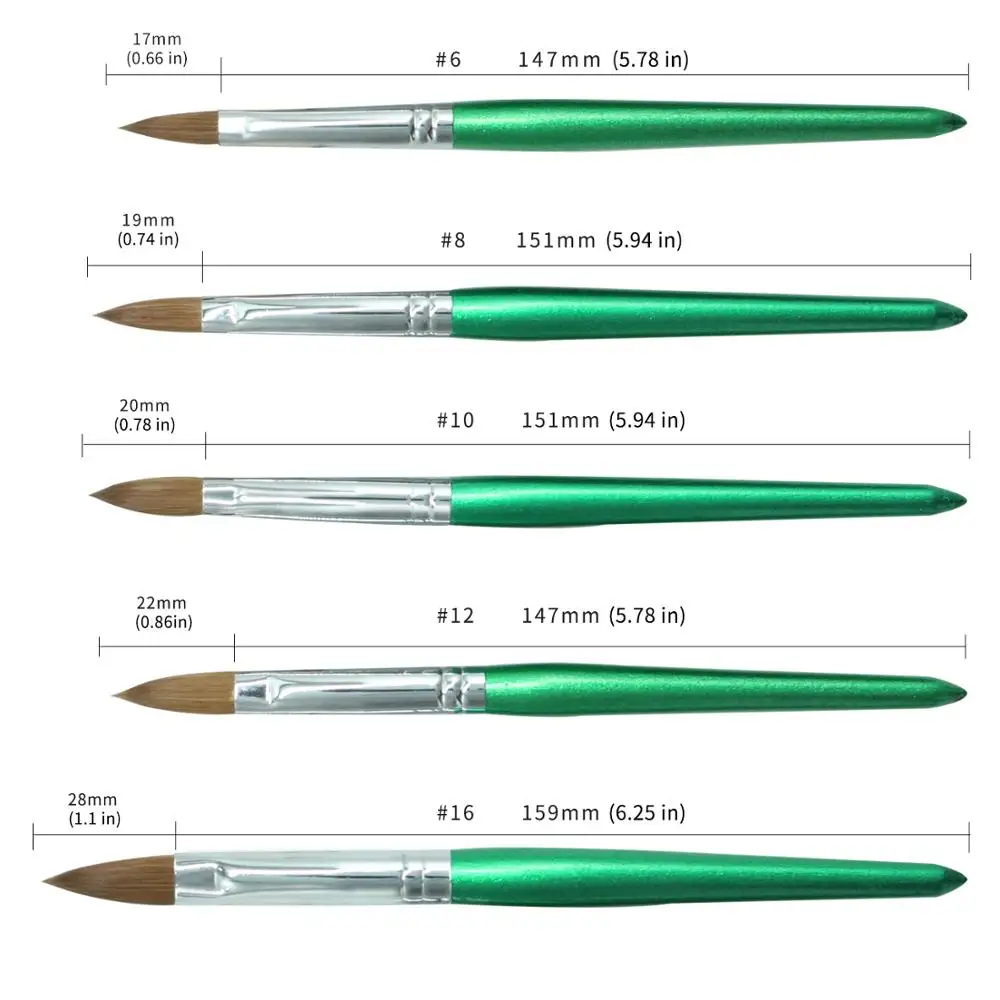 Оценочное качество Колонок Соболь волос ногтей акриловая кисть овальная гофрированная зеленая сверкающая деревянная ручка ногтей живопись кисти