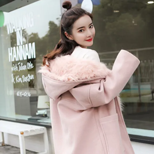 Женское пальто, верхняя одежда, зимняя одежда, Модное теплое шерстяное женское элегантное шерстяное пальто с меховым воротником - Цвет: Розовый