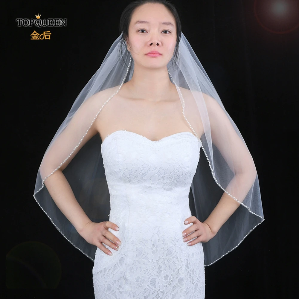 TOPQUEEN V34 Short Bridal Veils Tulle Veil Wedding Hair Accessories White Ivory Child Wedding Veil Crystal Pearl Side Veil Comb