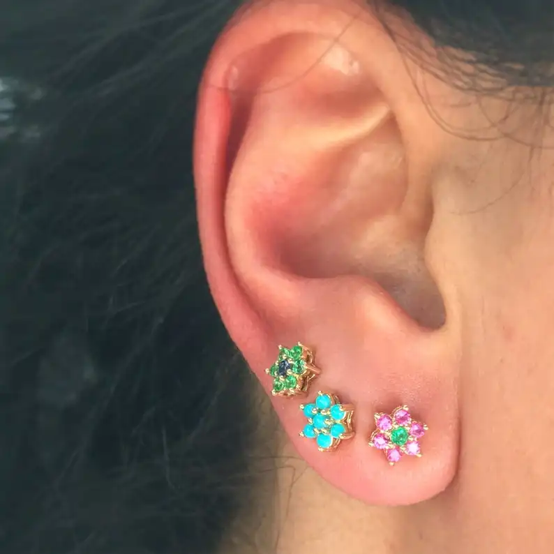 925 sterling silver rainbow colorful cz flower stud earring girls mini multi piercing earbone studs gold filled adorable