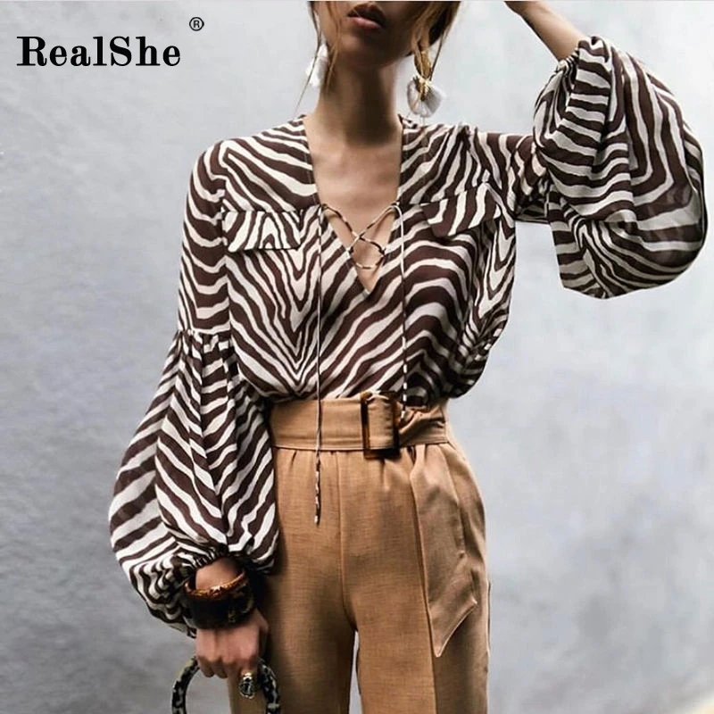 

RealShe Blouse Women V-Neck Long Lantern Sleeve Striped Womens Tops And Blouses Spring Autumn Casual Loose Women Chiffon Blouse