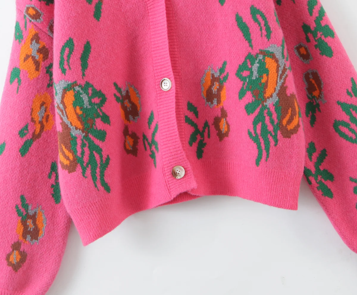 2021 Vintage Women Matching Sets Floral Cardigan Hot pink High Waist Loose Mini Shorts V neck Center Buttons Sweater 2pcs 1 Set womens underwear sets