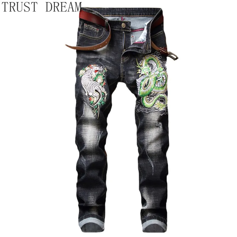 

2019 Embroidery New Man Slim Jeans Stretch Washed Decor Dragon Tiger Japan Designed Men Style Streetwear Club Male Cool Trousers