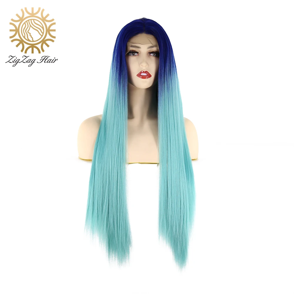 

ZigZag Long Straight Wig 2Tone Blue Ombre Light Blue Synthetic Lace Front Wig for Black Women Glueless Heat Resistant Fiber Hair