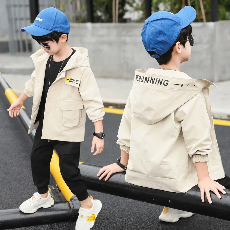 

BOY'S Childrenswear New Style Kids' Overcoat 2019 Big Boy Printed Letter Sports Hooded Trench Coat