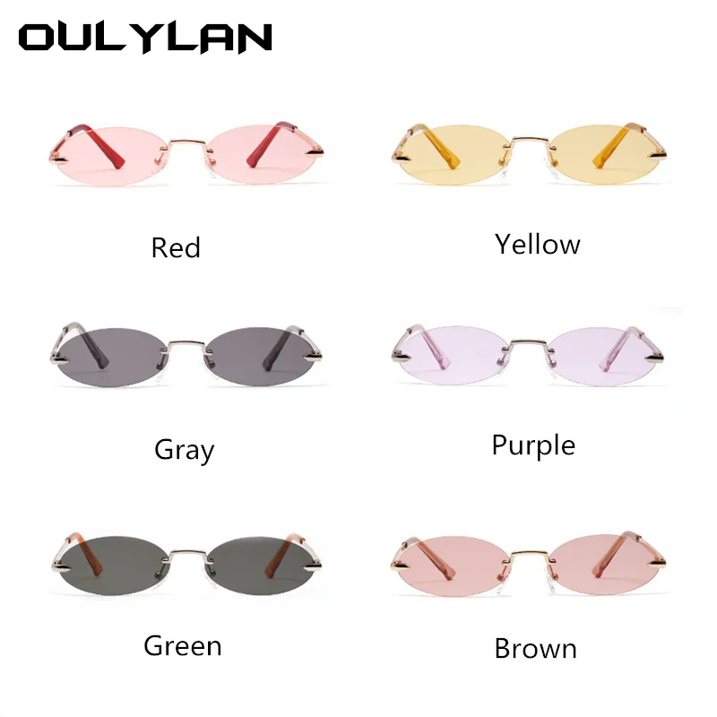 Oulylan, Винтажные Солнцезащитные очки без оправы, для женщин и мужчин, металлическая оправа, маленькие овальные солнцезащитные очки, Ретро стиль, зеленые, красные, прозрачные линзы, женские очки UV400