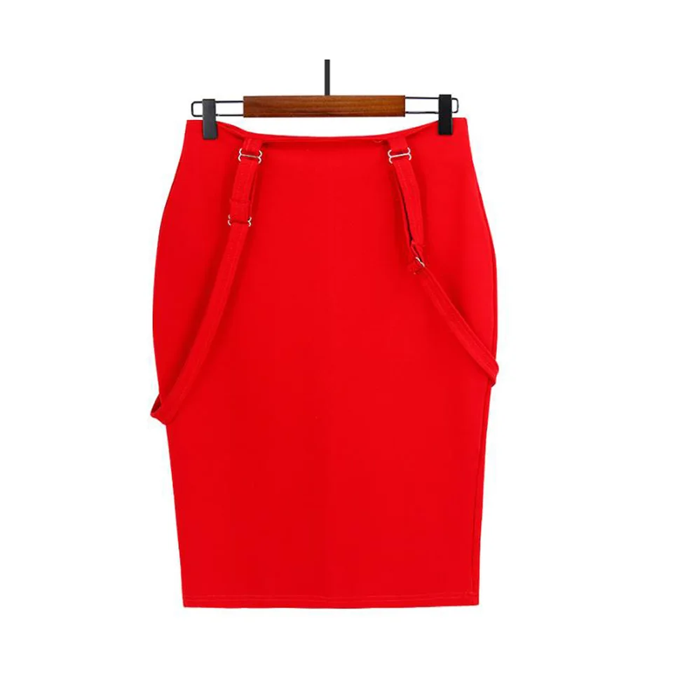 red overall skirt