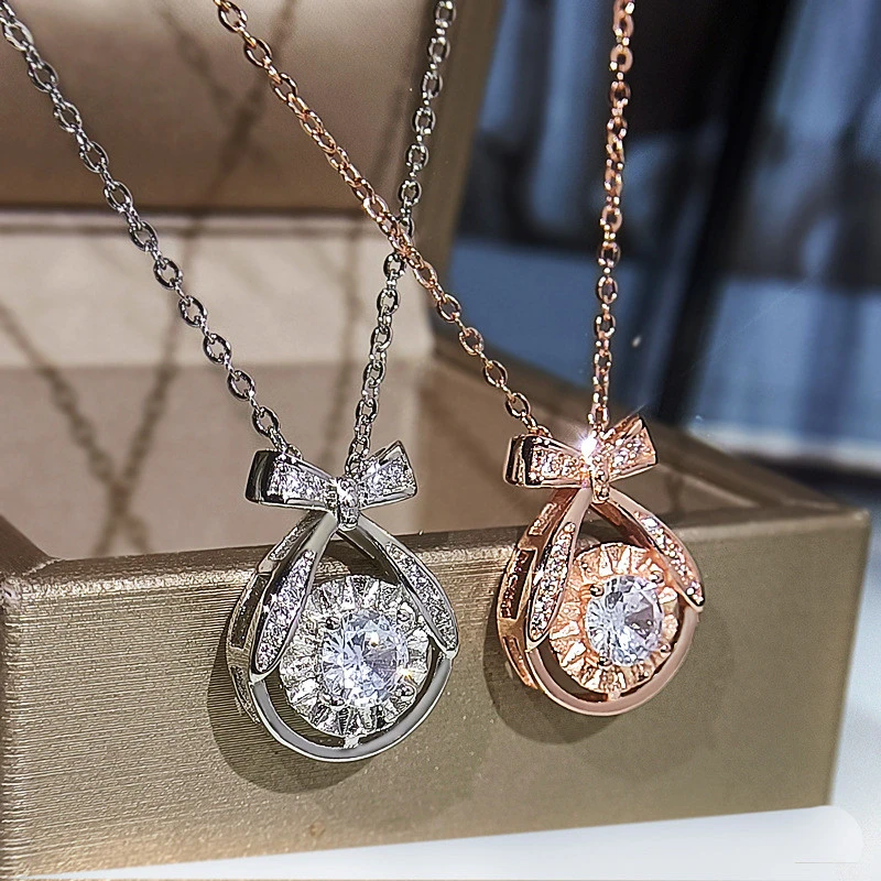 Collar de compromiso de cristal de para mujer, collar con colgante de circonita blanca con lazo delicado, cadena de oro rosa y plata| Collares colgantes| - AliExpress