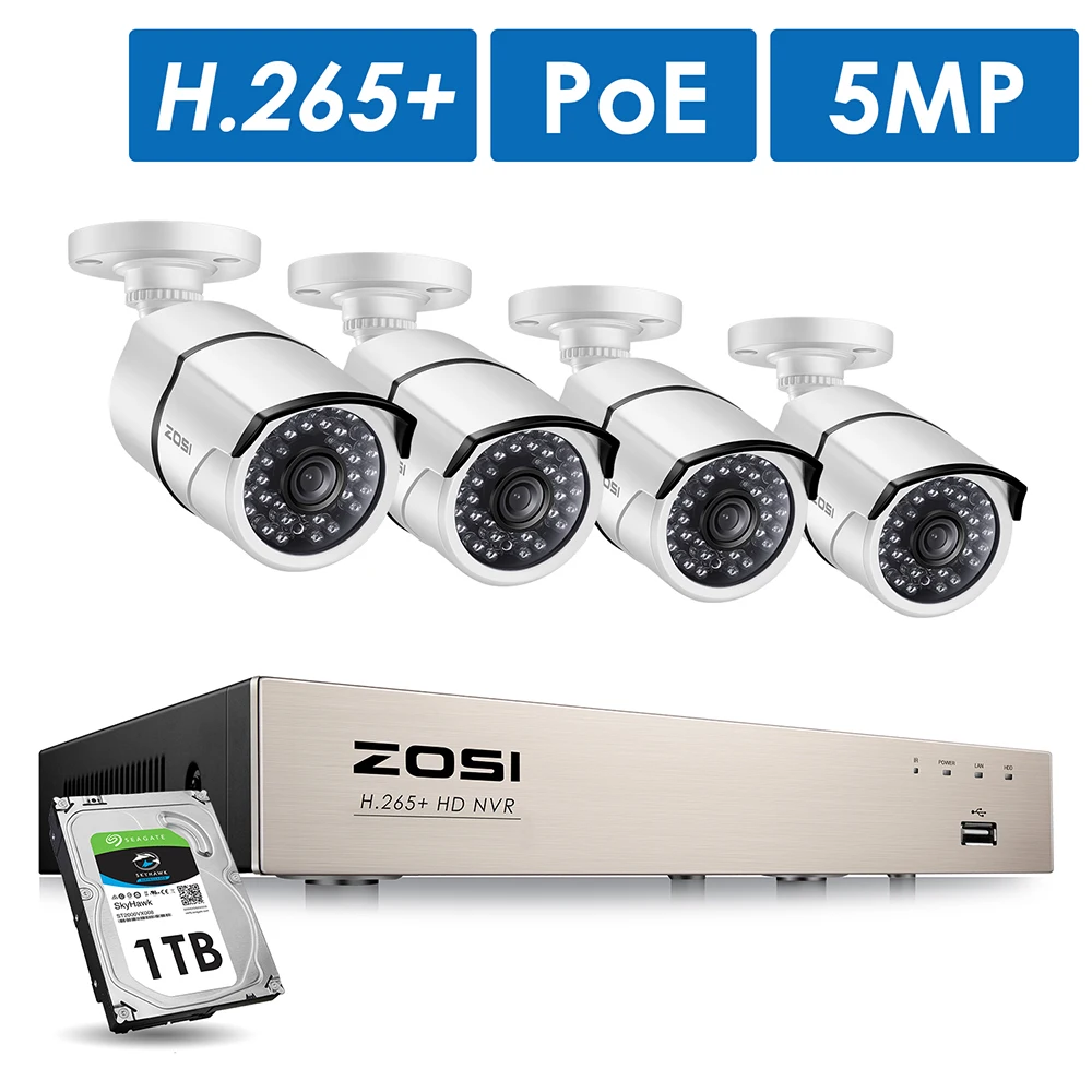 Najtaniej ZOSI H.265 8CH 5MP POE kamera ochrony zestaw do organizacji 4 sztuk 5MP aparat ip hd na zewnątrz wodoodporny wideo cctv nadzoru NVR zestaw 1TB