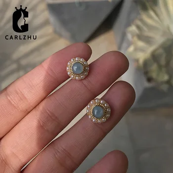 

Elegant Simulated Pearls Round Stud Earrings Real 925 Sterling Silver Blue Crystal Geometric Earring Women Fashion Jewelry Gift