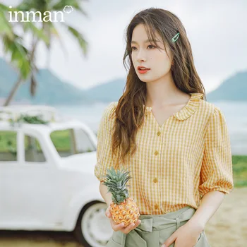 

INMAN 2020 Summer New Arriavl Falbala V-neck Literary Retro Medium Sleeve Plaid Blouse