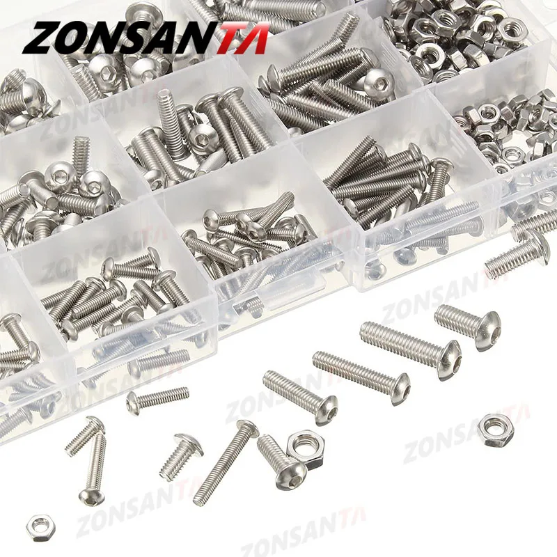 ZONSANTA 440pcs Bolts and Nuts Set M3 M4 M5 Stainless Steel Hex Socket Button Head Cap Screws Bolts Nuts Assortment Kit Screw
