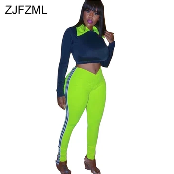 

Neon Green Sexy 2 Piece Matching Sets Women Peter Pan Collar Full Sleeve Bandage Top + Striped Spliced Pencil Pants Track Suit