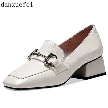 

Women's genuine leather med heel slip-on pumps thick heel square toe metal buckle casual female OL style comfortable shoes sale