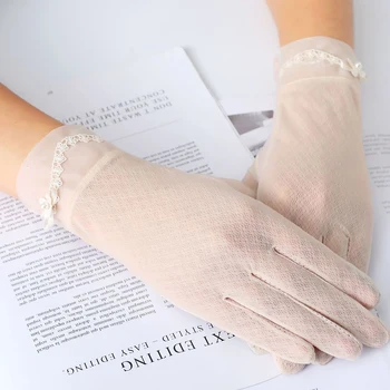 

1pair Sexy Summer Women UV Sunscreen Short Sun Screen Pearl Flowers Gloves Thin Ice Silk Lace Touch Screen Driving Gloves