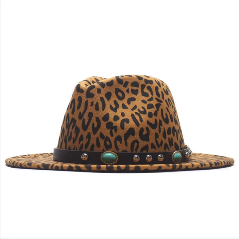 Unisex Leopard Panama Wool Felt Fedora Hats with Belt Buckle Women Men Wide Brim Party Trilby Gambler Church | Аксессуары для