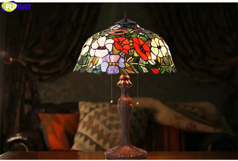 FUMAT Tiffany Style Rose Flower Stained Glass Table Lamp Pearl Morning Glory Desk Light Alloy Frame Home Decor LED Arts Lights 0