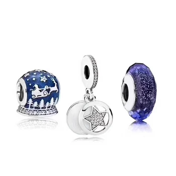 

NEW 100% 925 Sterling Silver Winter Christmas Charm Late Night Blue Glass Beads Star Charm Set Noble Eternal Charming Luxury