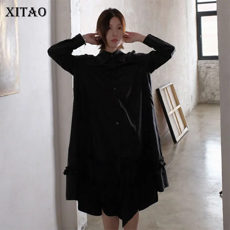 

XITAO Original Dark Patchwork Ruffles Dress Women Clothes Loose Casual Pocket Plus Size Elegant Dress Turn Down Collar DMY3620