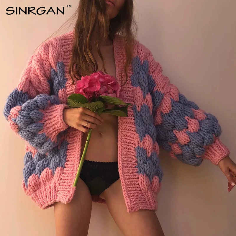 SINRGAN Pink Blue Patchwork Plus Size Cardigans Big Arm Long Sleeve Cashmere Knitted Sweater Winter 2020 Tops |
