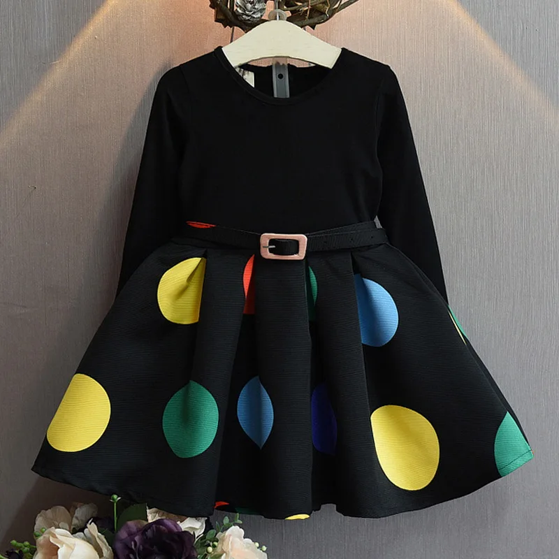 Детские платья принцессы черного цвета с поясом для девочек, платье в горошек с длинными рукавами, Детские Вечерние платья на весну-осень, одежда для свадьбы