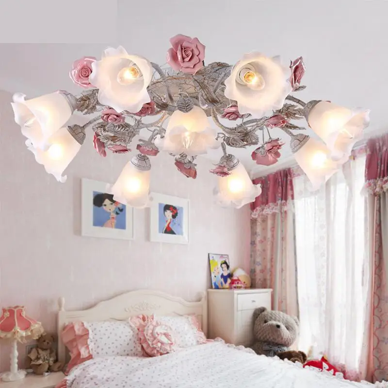 

Mediterranean Princess Bedroom Romantic Ceiling Lights Idyllic Living Room Lamp Rose Nordic Flower And Grass Ceiling Lamp