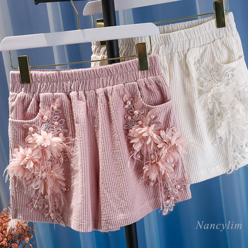 

Striped Corduroy Wide Leg Shorts Women's Spring and Autumn 2020 New Beaded High Waist Loose Outer Wear Corduroys Boots Shorts