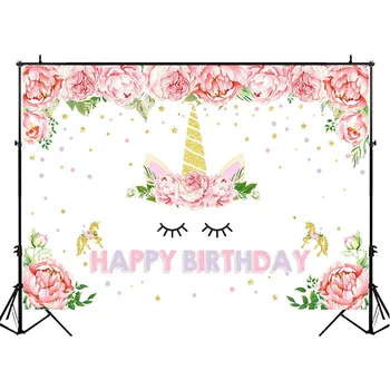 

Neoback Unicorn Backdrop Golden Unicorn Children Birthday Photo Background Golden Stars Watercolor Floral Photography Background