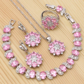

925 Silver Bridal Jewelry Set For Women Pink Cubic Zirconia White Crystal Ring Bracelet Necklace Pendant Earrings