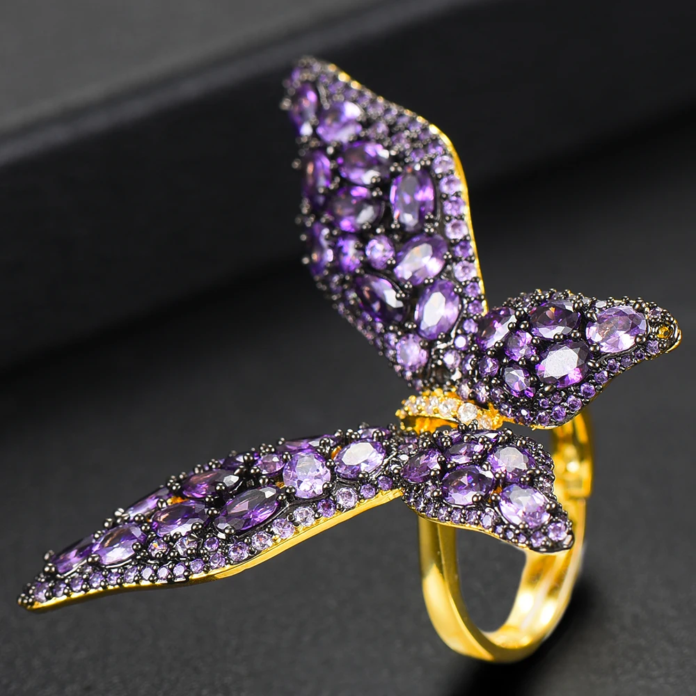Purple GODKI корейские роскошные кольца с бабочкой для женщин Свадебные обручальные свадебные с кубическим Цирконом аксессуары из Дубая кольцо на палец ювелирные изделия - Цвет основного камня: Purple