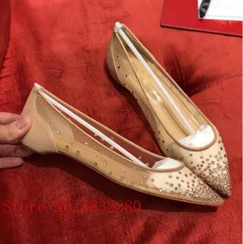 

flats women Bling Leather Cover Mesh Crystal Studs Slip On Lace Wedding Party Shoes Woman Color