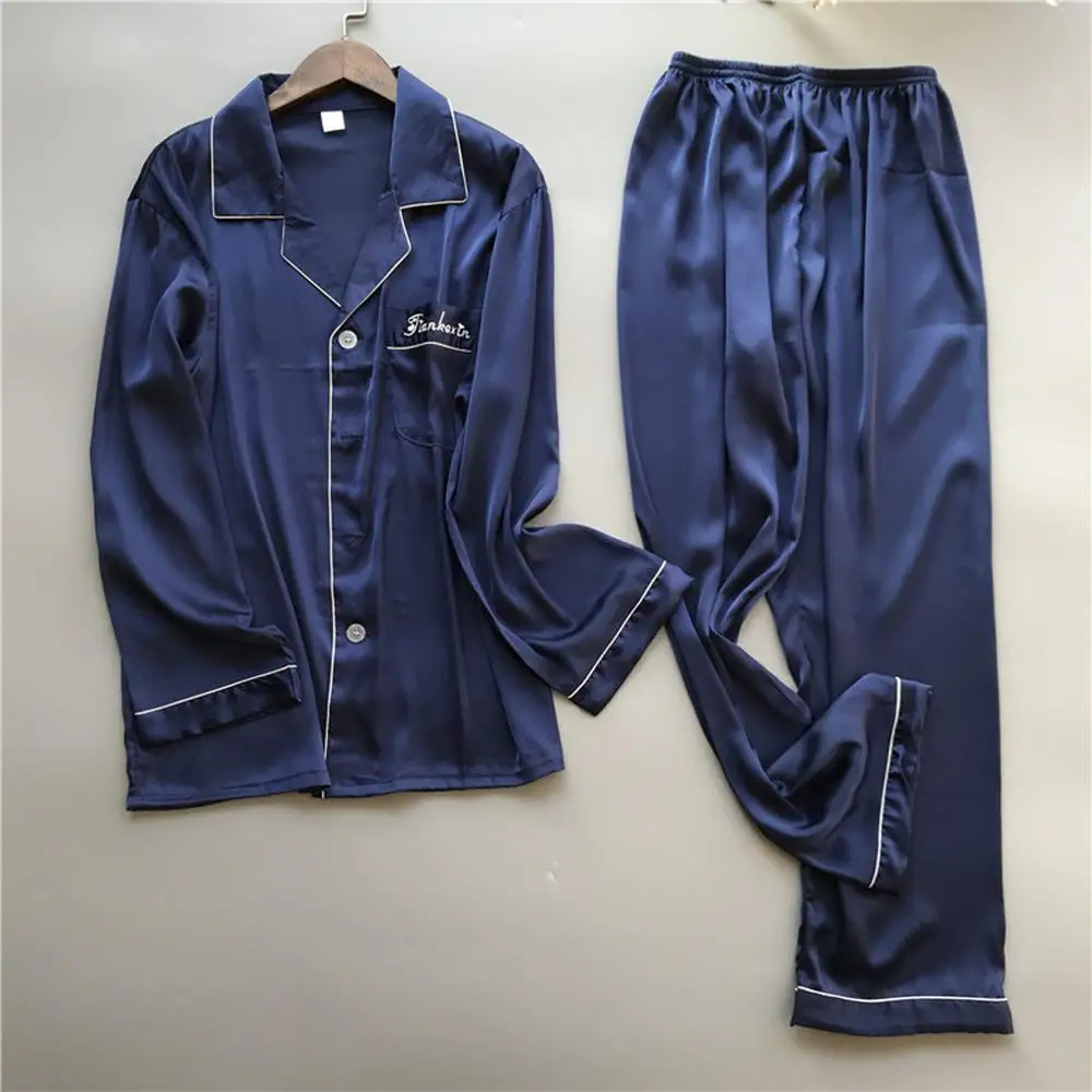 Плюс Размеры Для Мужчин's пятностойкий шёлк пижамный комплект Для мужчин шелковой пижамы, одежда для сна, Для мужчин пикантные современные Стиль мягкие уютные атласная ночная рубашка Для мужчин летние XXXL - Цвет: Синий
