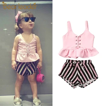 

Bear Leader Girl Clothing 2020 New Fashion Kids Girl Pink Vest and Striped Pants Outfits Girl Lovely Cute Clothing Set Baby Suit
